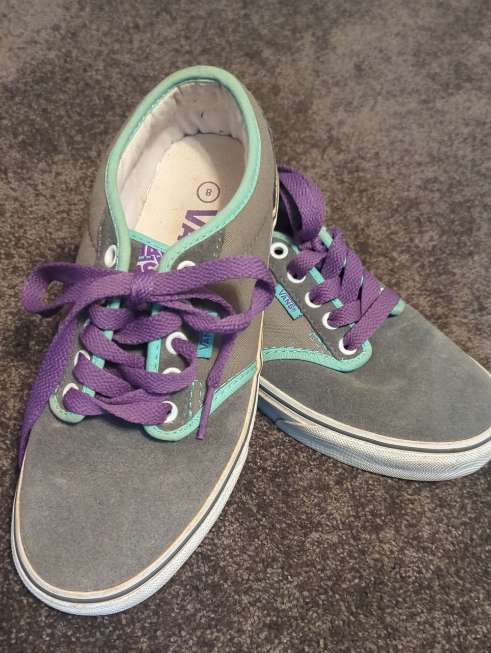 Vans Women's Gray Suede Sneakers with Purple Laces and Mint Trim